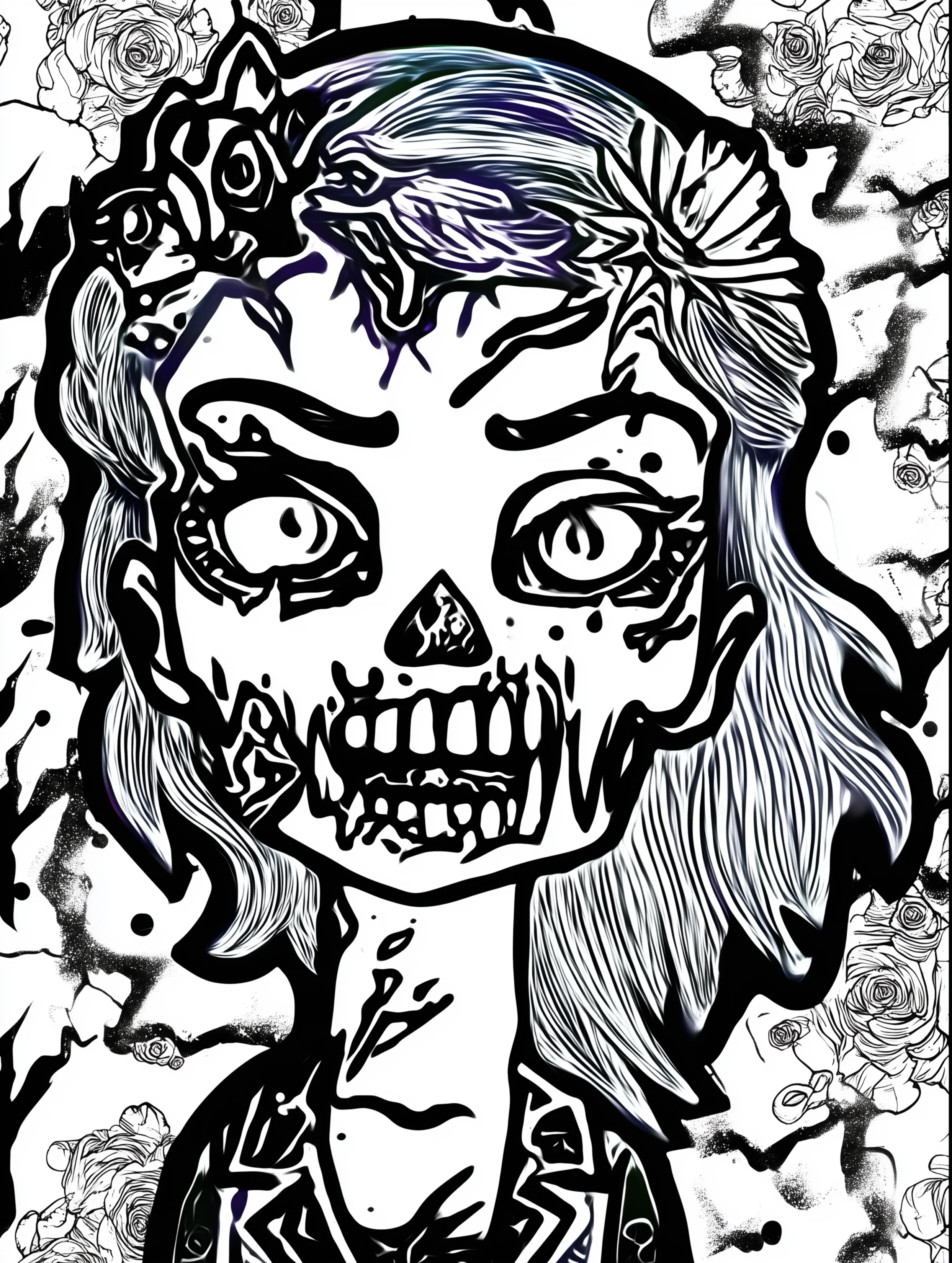 Free printable zombie coloring page for adults featuring an angry zombie girl